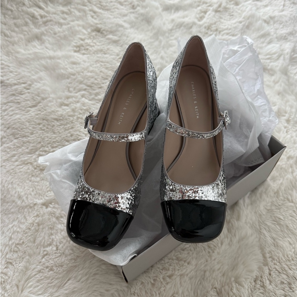 Charles & Keith Silver Glitter Mary Jane Flats, Wedding shoes, special occasion